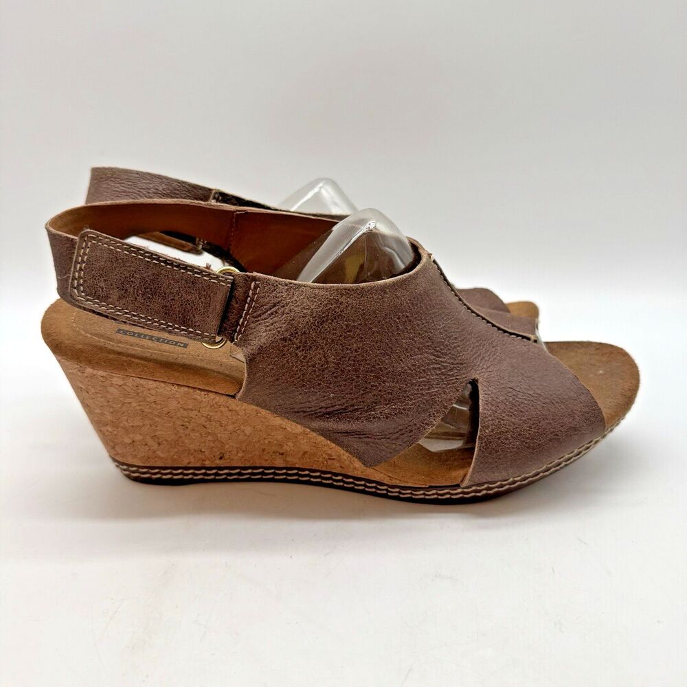 Clarks Helio Float Wedge Sandal Women’s 9.5M Brown Hook & Loop Leather Slingback